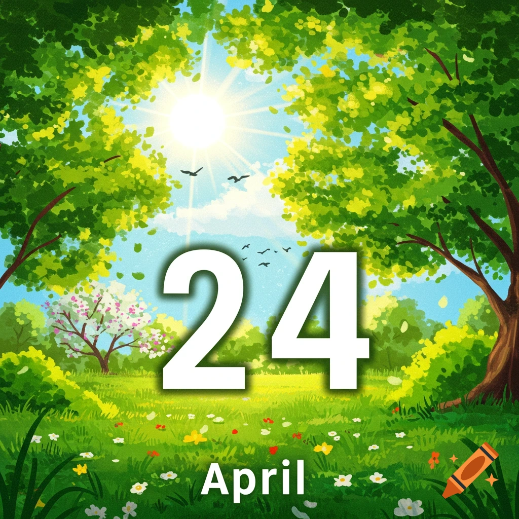 The date 24 April over a vibrant painting of a forest.