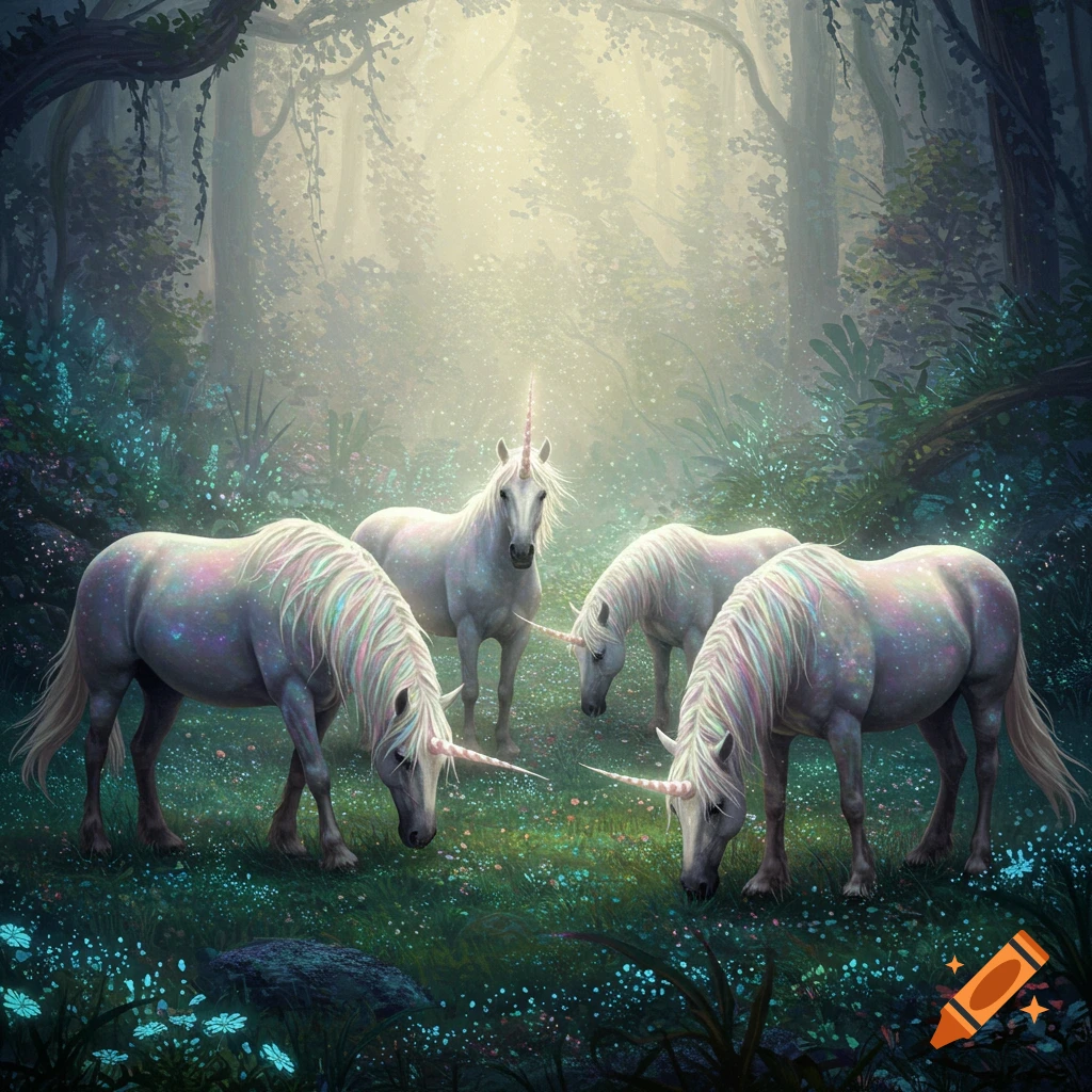 Four unicorns in a magical forest clearing.