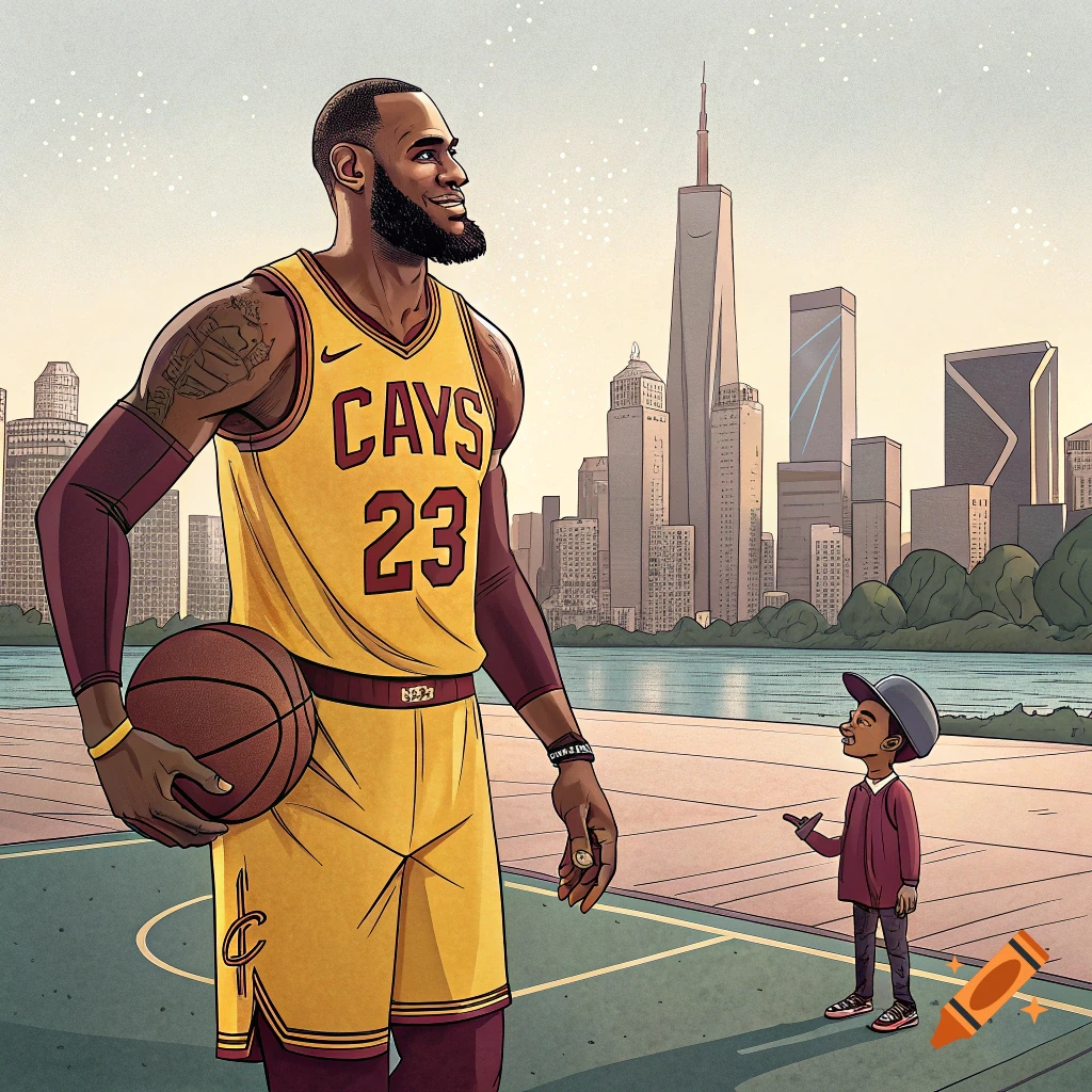 Illustration of a huge LeBron James in a Cavaliers jersey holding a basketball, looking at a small boy on a court with a city skyline.