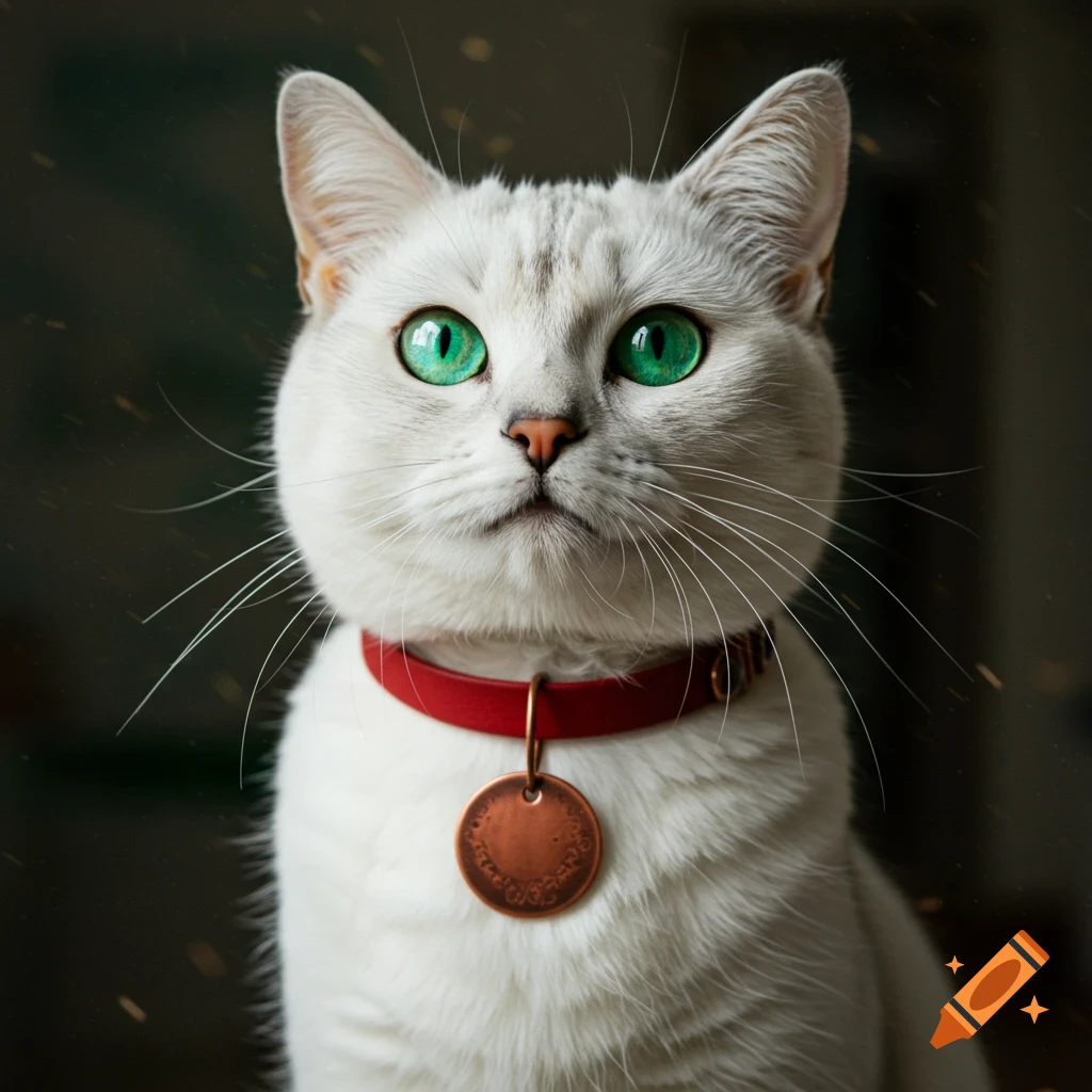 White cat with bright green eyes, red collar, anime style