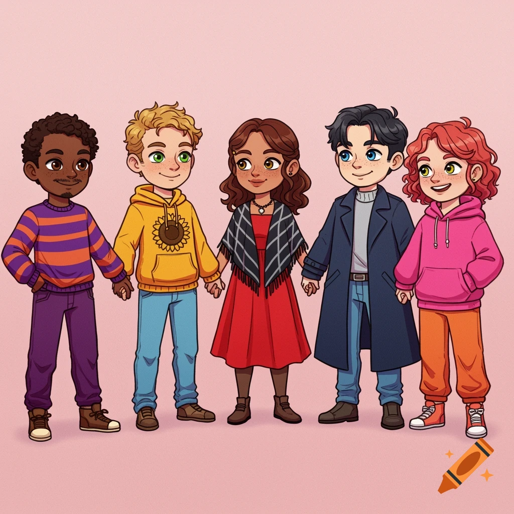 Chibi cartoon illustration of five diverse children holding hands in colorful outfits on a pink background.