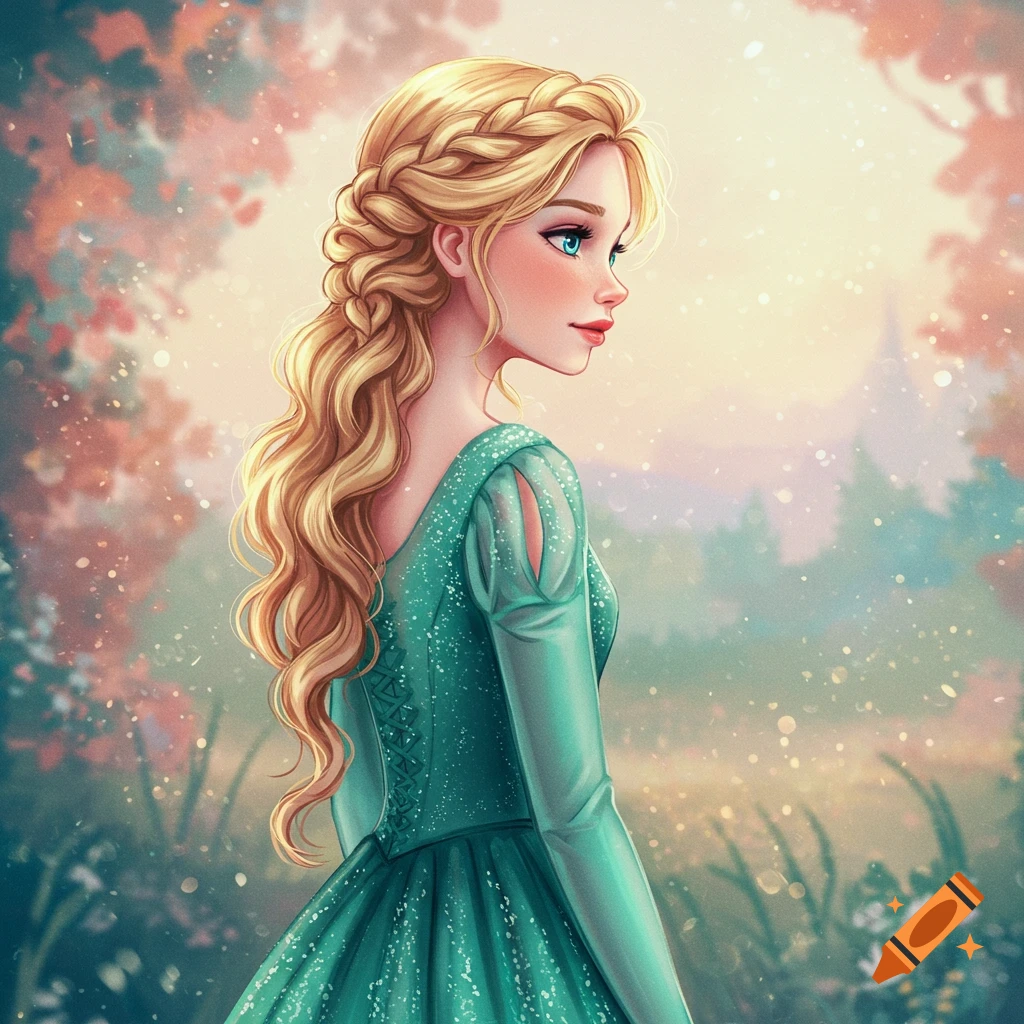 A blonde girl in a teal gown in a fantasy setting.