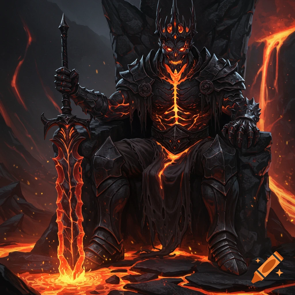 A dark fantasy king made of lava and metal armor sits on a throne in a volcanic landscape.