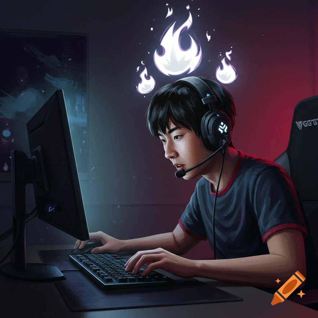 A young man wearing a headset is playing a PC game with glowing white flames above his head.