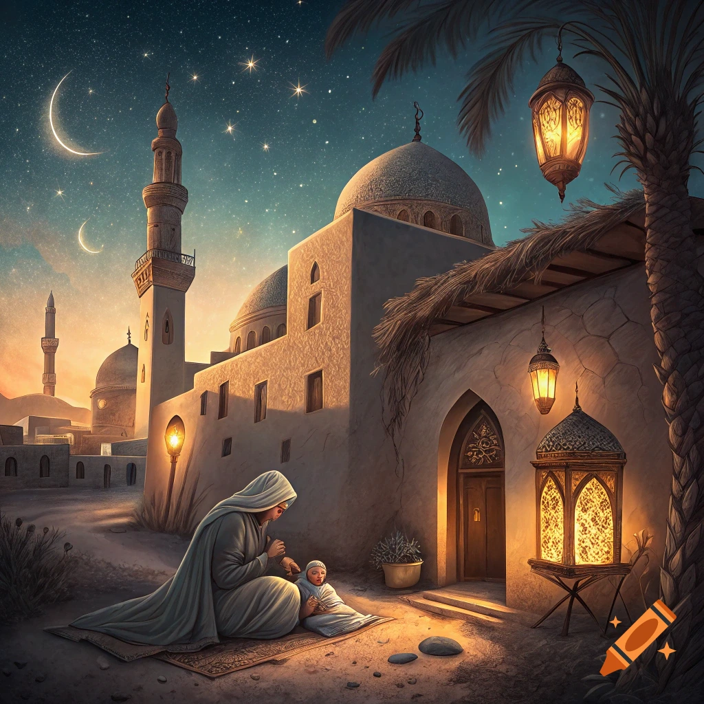 Veiled figure with baby sits outside a mosque at night under a starry sky with lanterns.