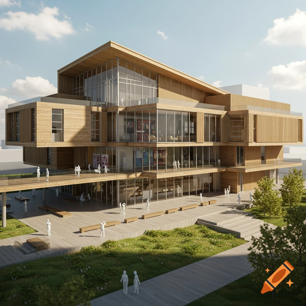 Architectural rendering of a modern wooden and glass museum building with walkways and small figures.