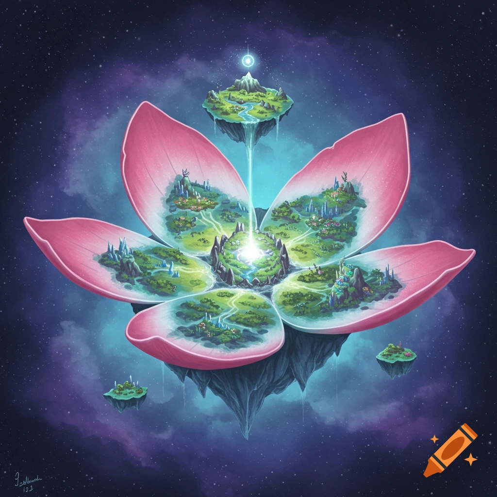A giant pink lotus flower floats in space, with miniature fantasy landscapes on its petals forming continents, lit from the center.
