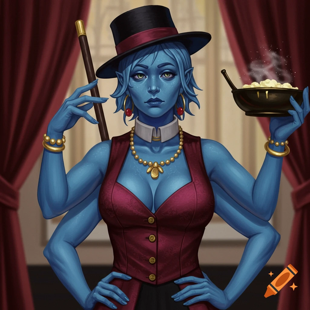 A four-armed blue-skinned woman in a top hat and vest, holding a cane and popcorn.