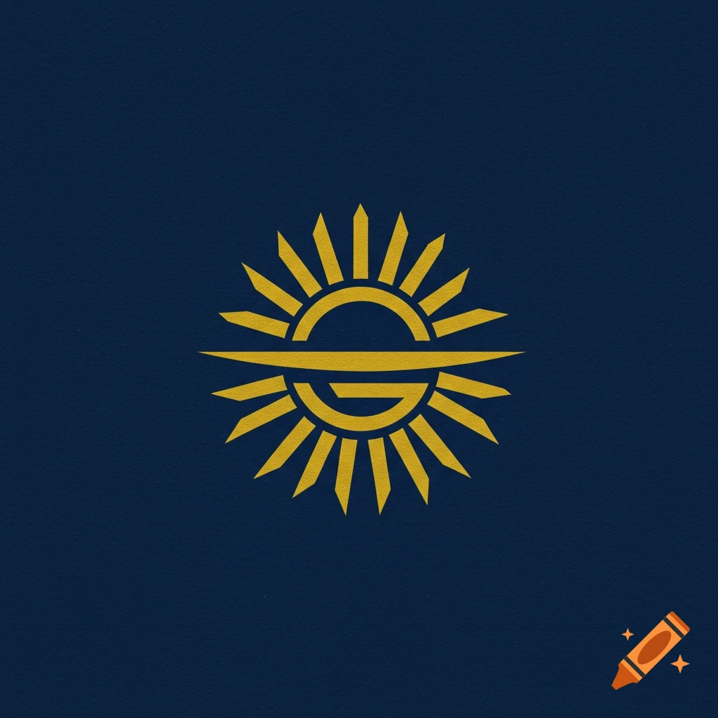 A gold stylized sun emblem with a curved shape in the center on a dark blue background.
