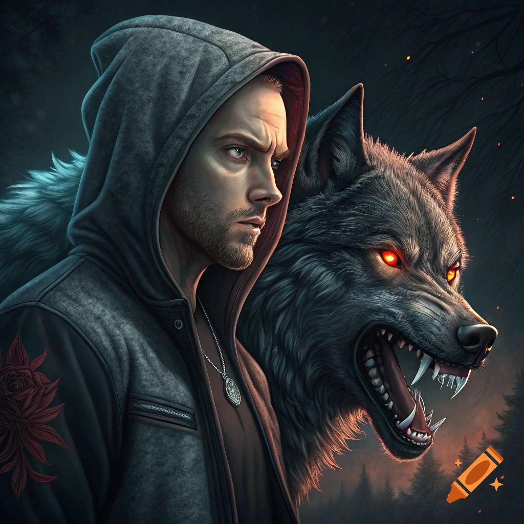 Man in a hooded jacket standing next to a wolf with glowing eyes in a dark forest.