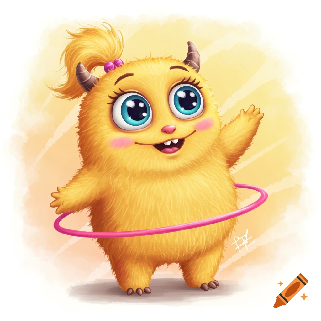 A cute fluffy yellow monster with blue eyes, pink cheeks, horns, and a ponytail, hula hooping.