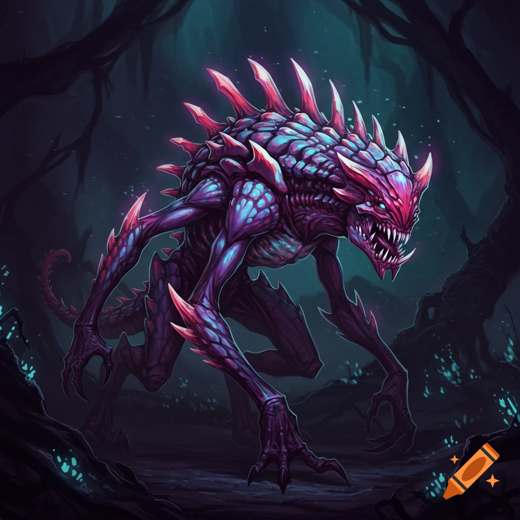 A purple and blue fantasy monster with spikes stands in a dark, glowing forest.