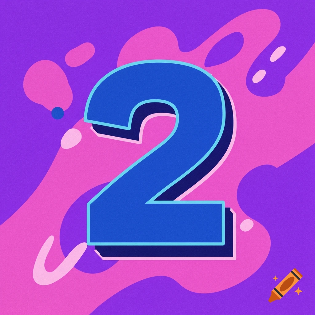 Digital illustration of a large blue number 2 on an abstract pink and purple background.