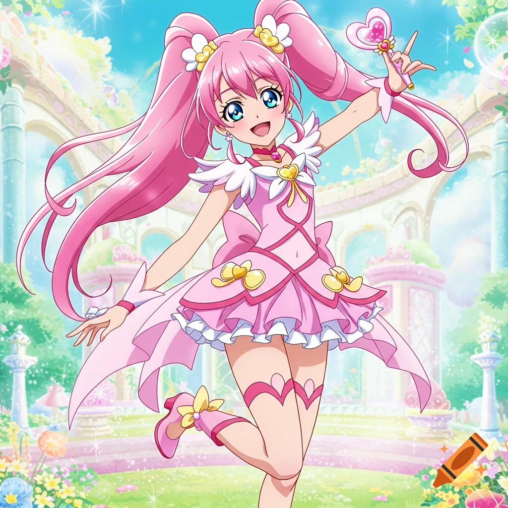 Pink-haired anime magical girl in a pink dress poses in a fantasy garden, holding a heart-shaped wand.