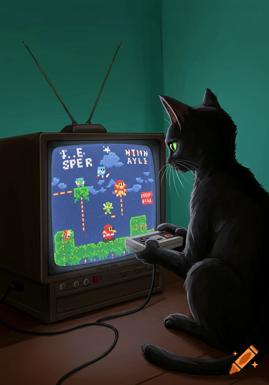 A black cat plays a retro pixel art video game on an old television with a controller.