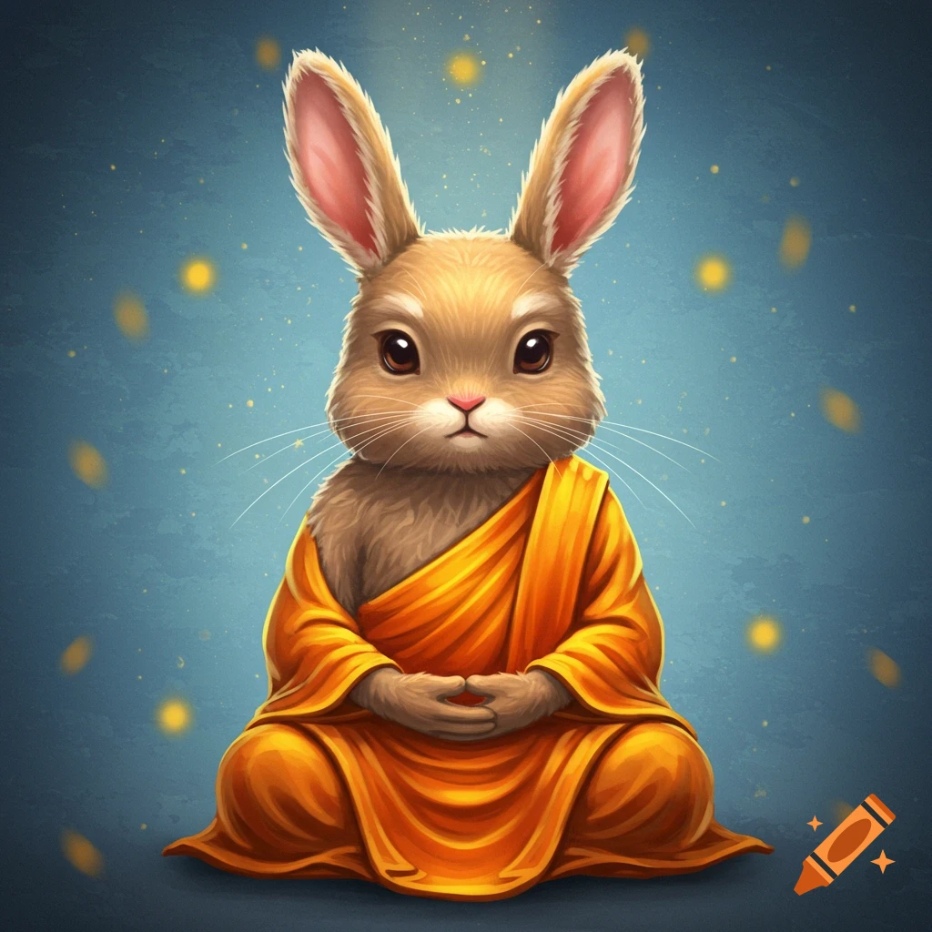 An illustrated rabbit wearing an orange robe sits in a meditation pose.