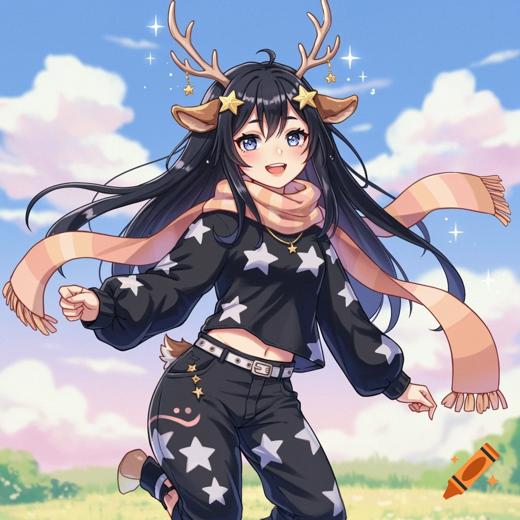 Anime girl with antlers and tail wearing a star shirt and scarf stands in a field under a pastel sky.