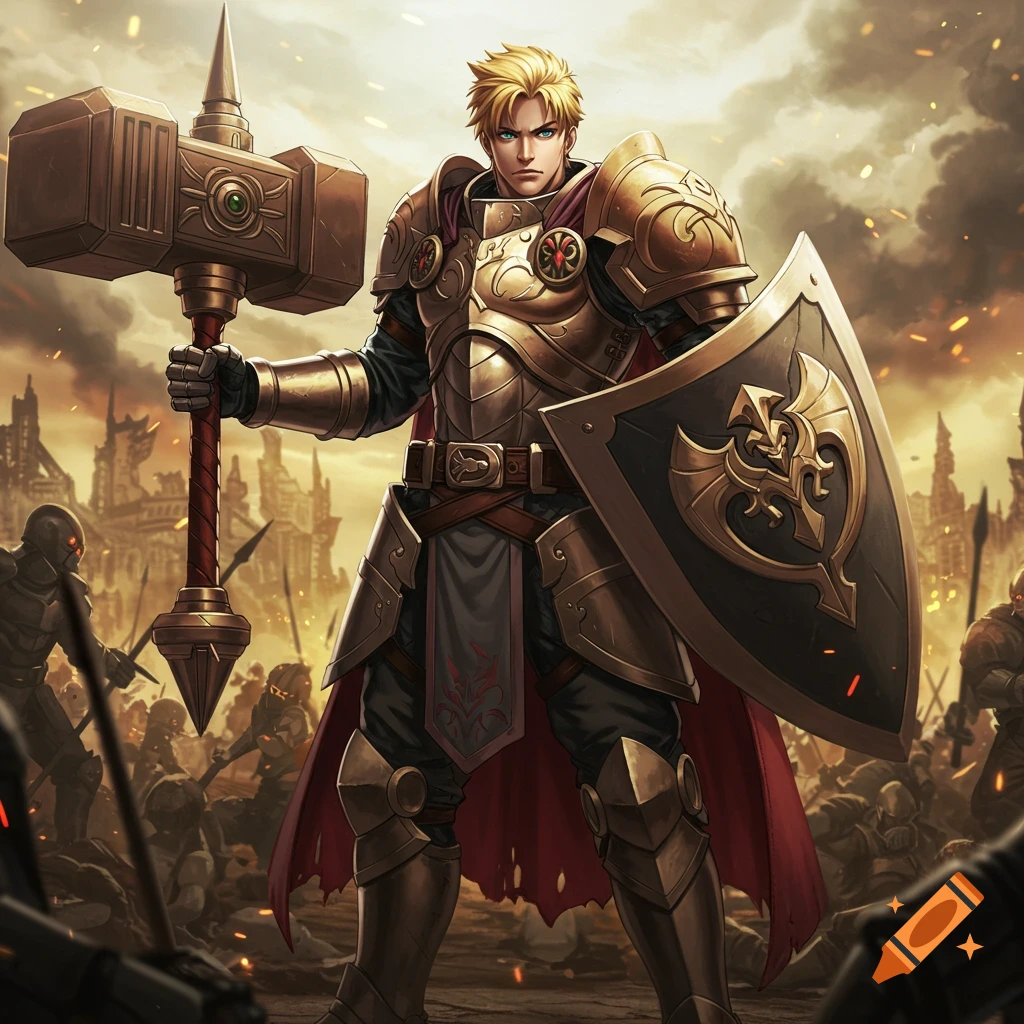 Anime hero in golden armor with hammer and shield in a fantasy battle