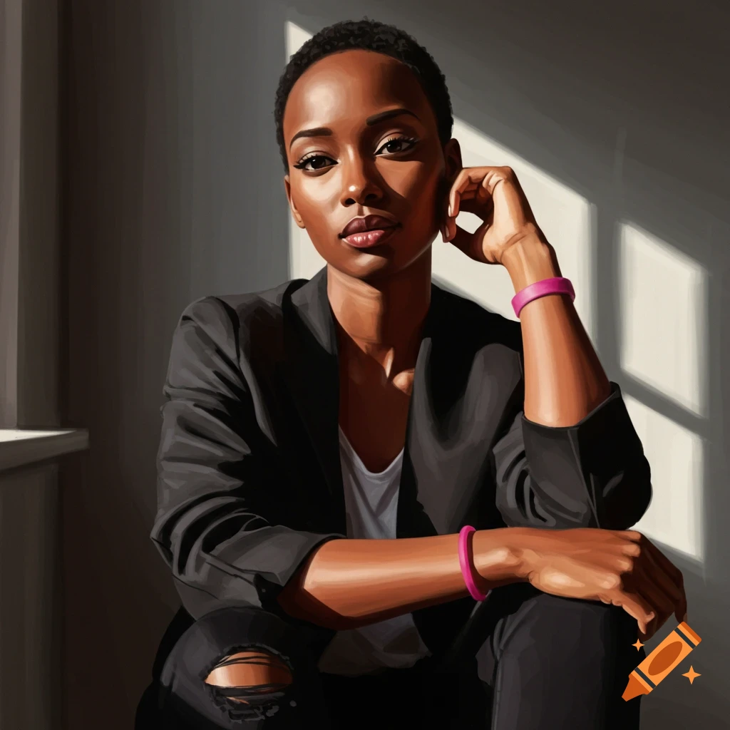A woman in a black jacket is seated in window light
