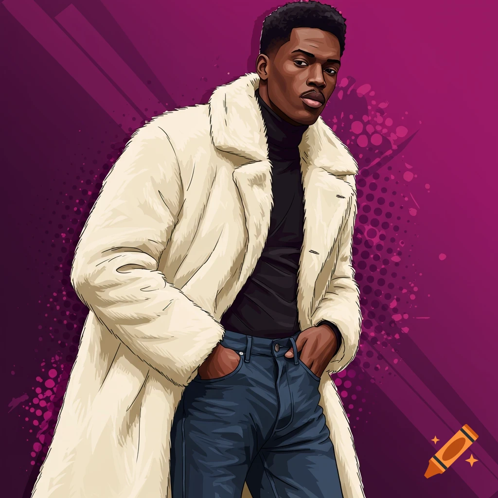 A Black man wearing a cream faux fur coat and jeans.