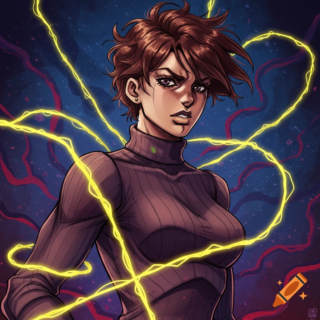 A woman in a turtleneck surrounded by yellow electrical chains.