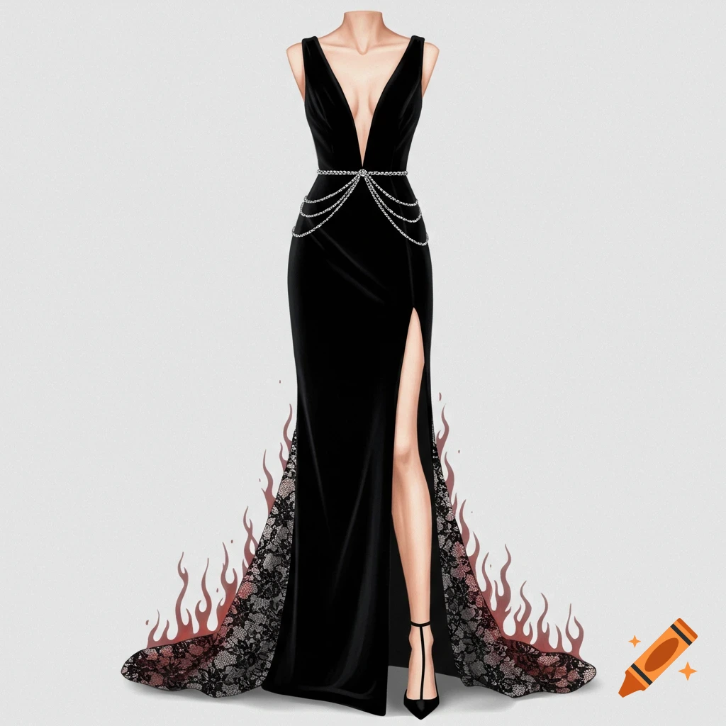A black velvet gown with a deep V-neck, chain belt, high slit, lace flame detail, and black heels.