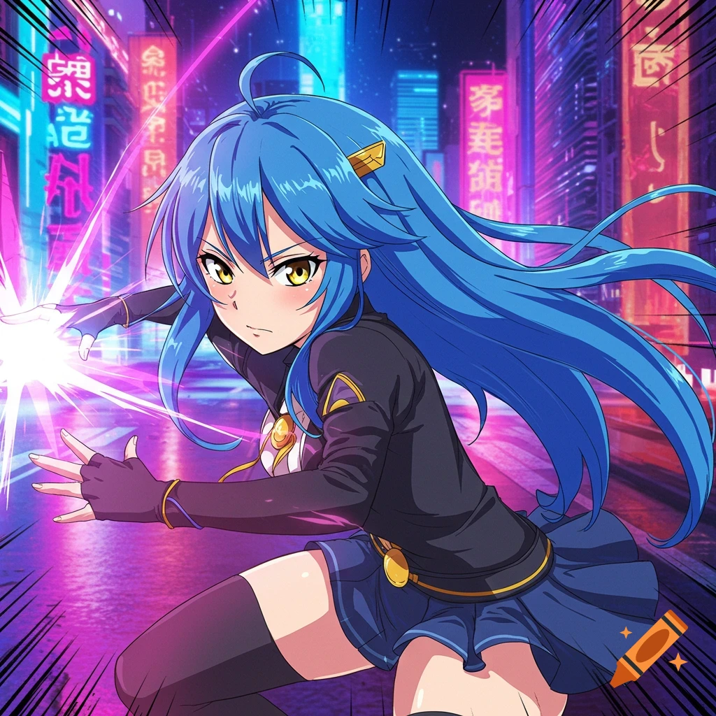 Anime character casting magic in a neon cyberpunk city street