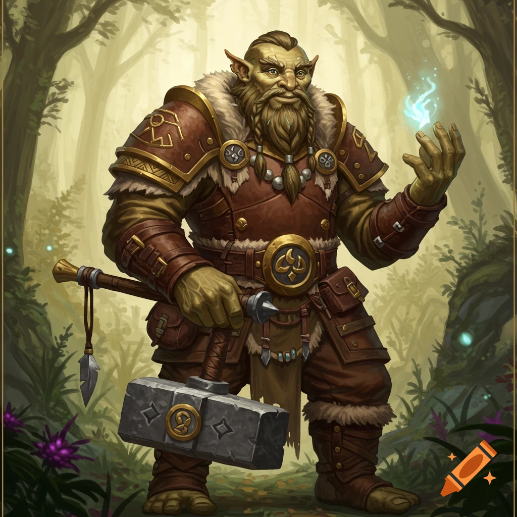 A fantasy Firbolg War Priest in armor holding a hammer and casting a spell in a forest.
