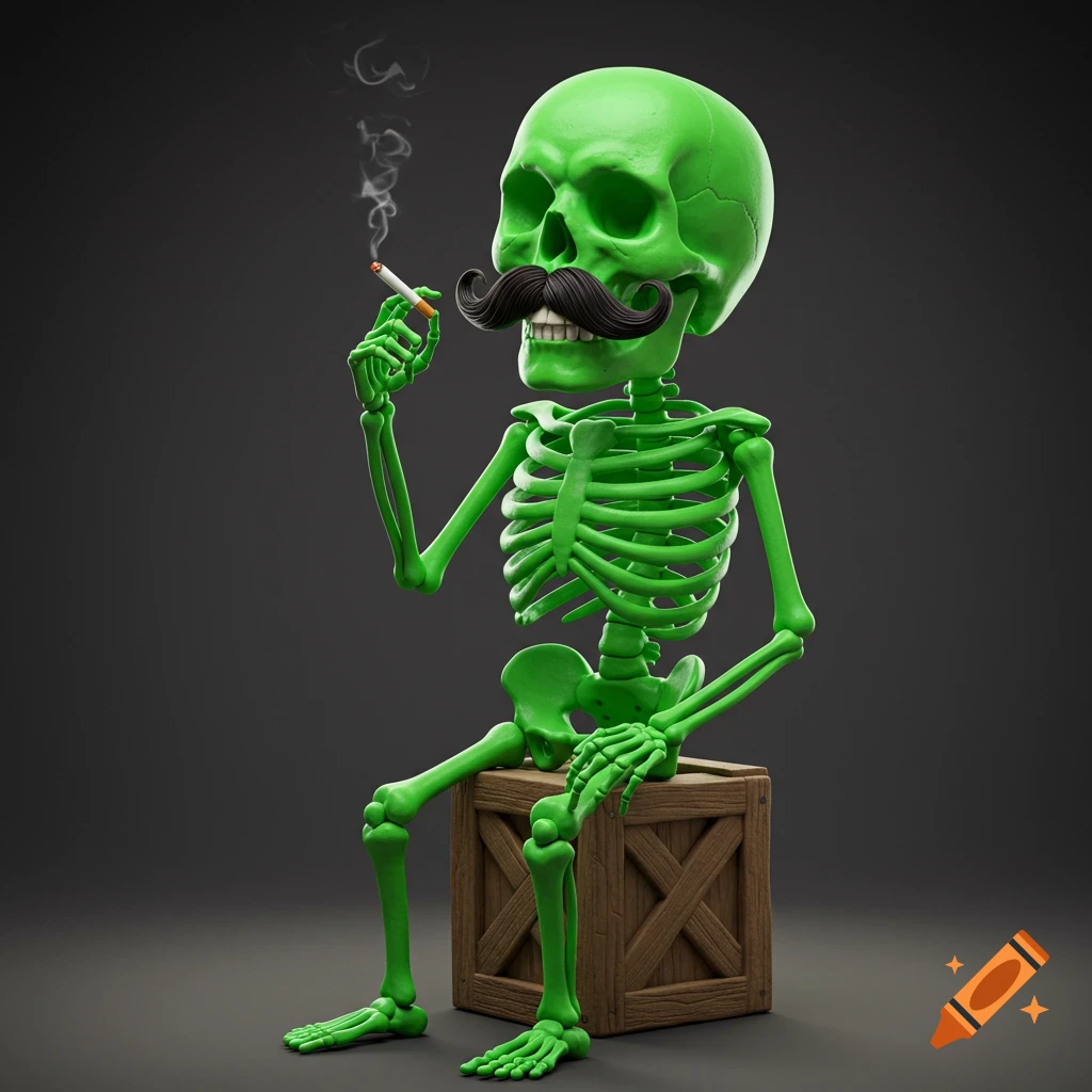 A green skeleton with a mustache sits on a wooden crate and smokes a cigarette.