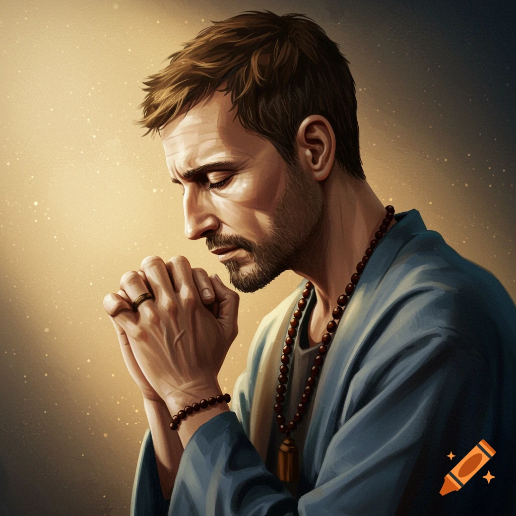 Image of a man with closed eyes and clasped hands praying, wearing a beaded necklace.