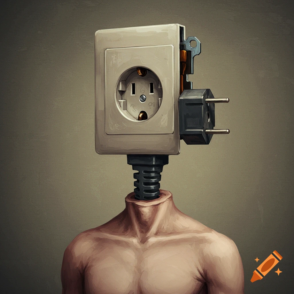 A human torso with an electrical outlet for a head and a plug for a neck.