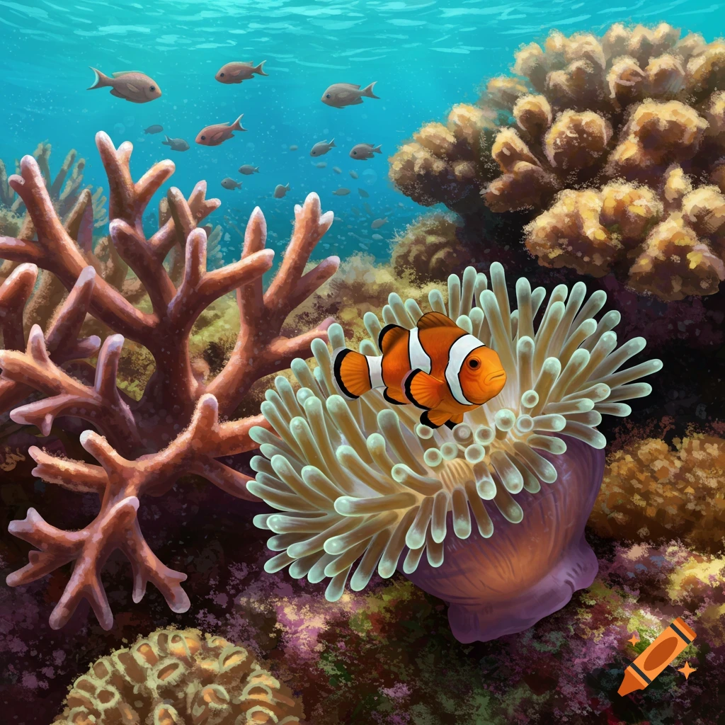 A clownfish swimming in an anemone in a coral reef.