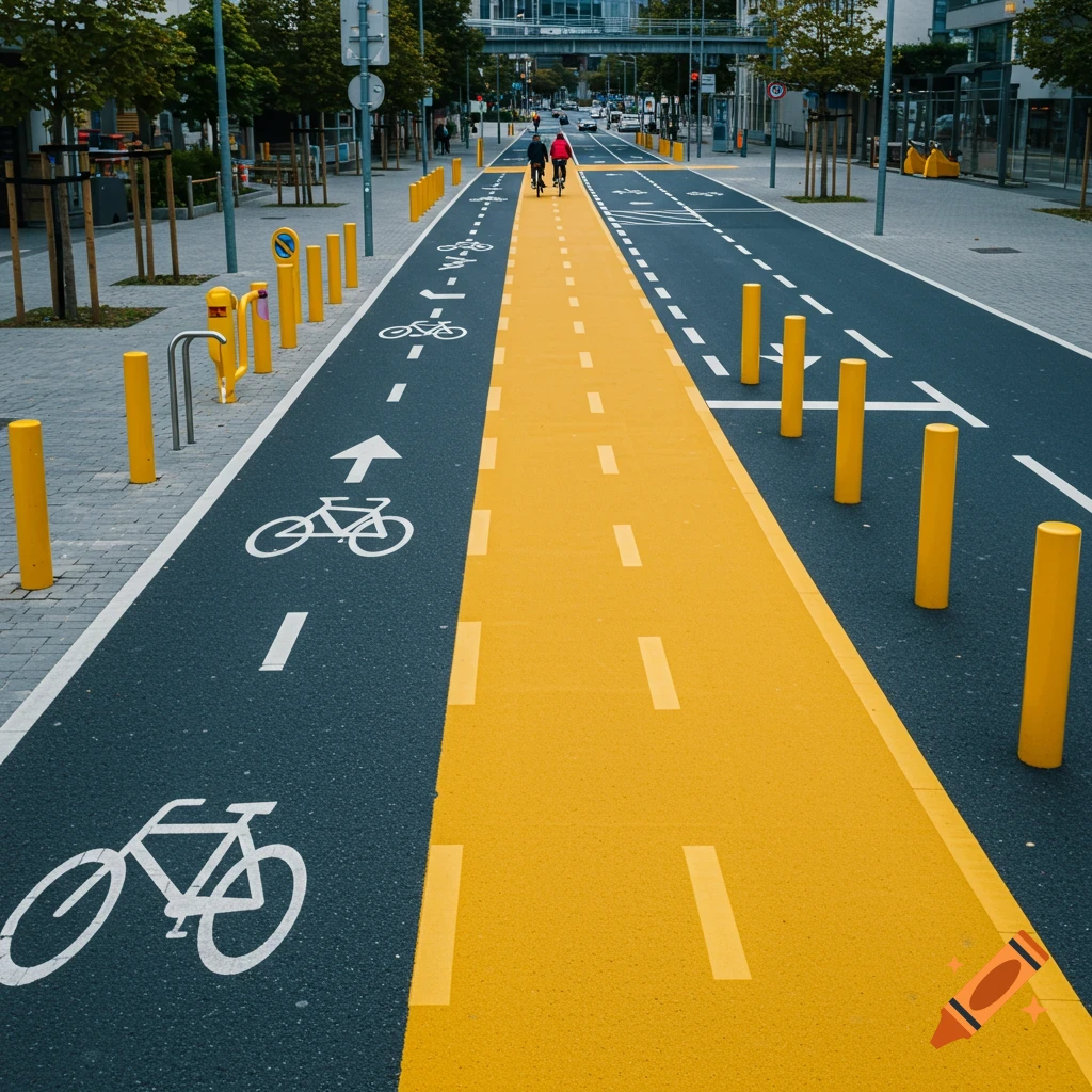 View down a yellow protected bike lane with two cyclists riding away in an urban area.