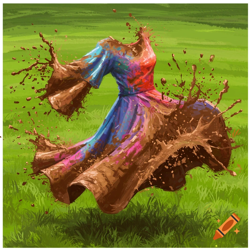 A colorful dress splattered with mud, floating in a green field.