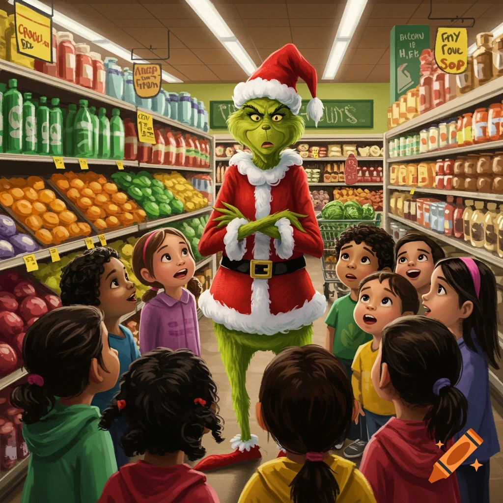Painterly cartoon of the Grinch in a Santa costume standing in a grocery store aisle surrounded by children looking up at him.