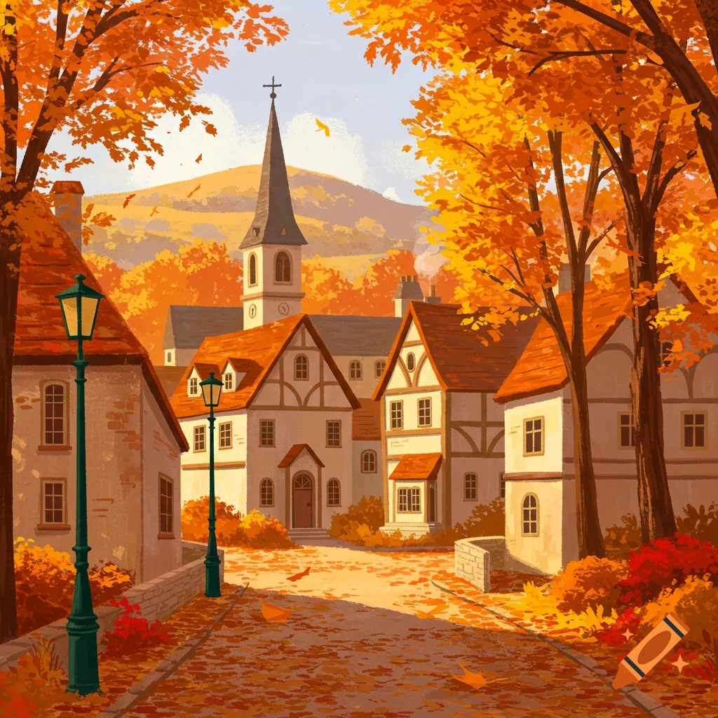 A village street in autumn with trees full of orange leaves and fallen leaves on the ground.