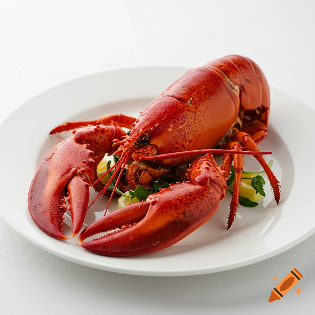 A cooked lobster on a white plate with lemon wedges and greenery, photorealistic.