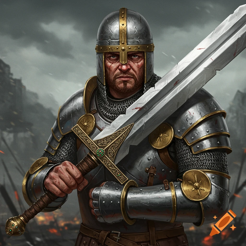 A medieval warrior in armor holds a large sword on a battlefield.