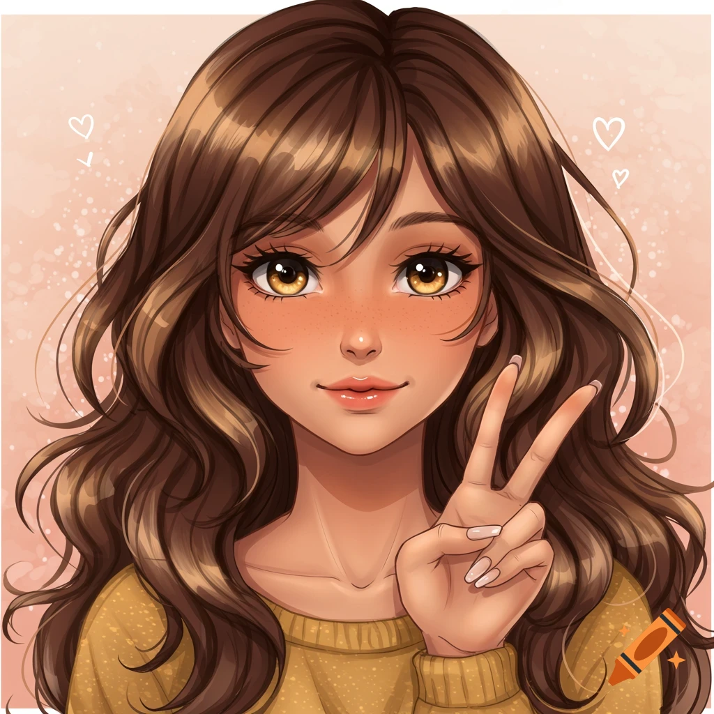 Anime portrait of a young woman with brown hair and eyes making a peace sign.