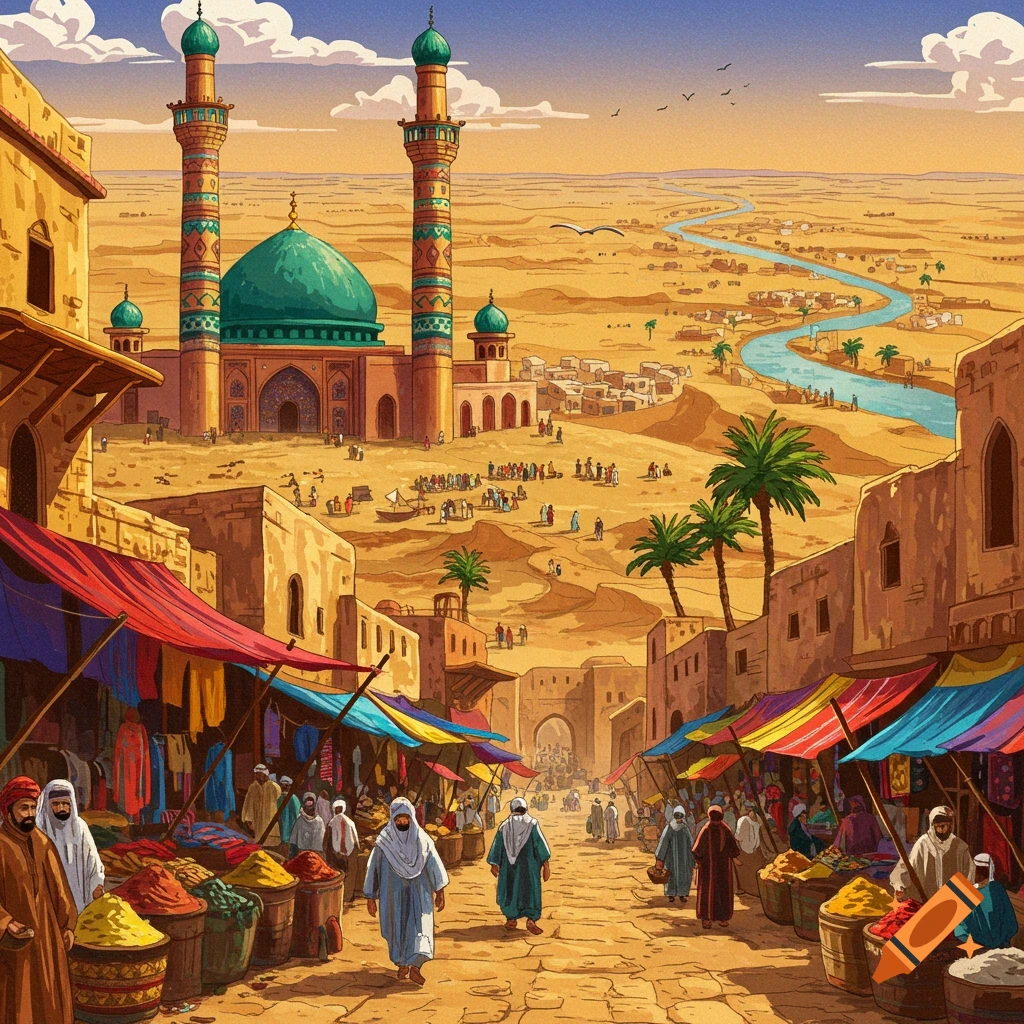 A bustling marketplace in a desert city with a mosque and minarets in the background.