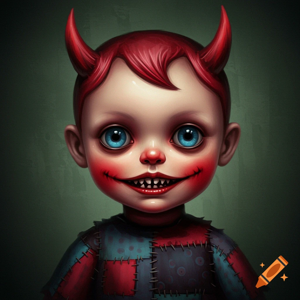 A creepy doll with red devil horns, unsettling blue eyes, a wide grin with pointy teeth, and a patchwork shirt.