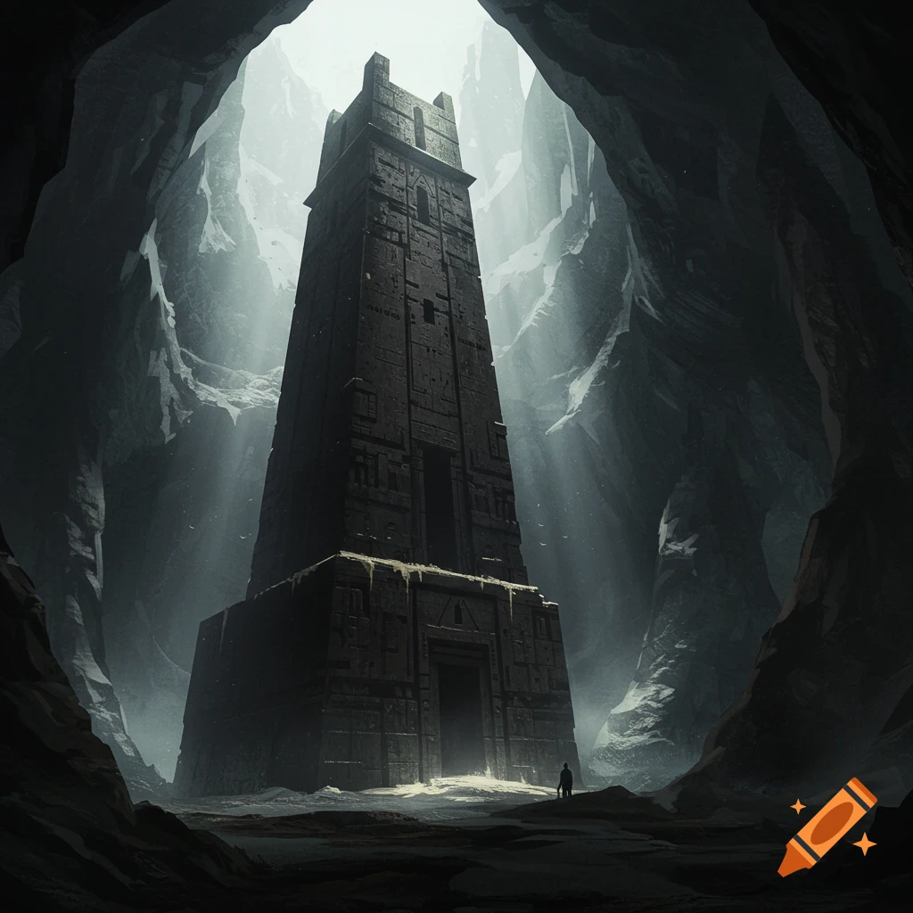 A tall, dark tower stands within a vast cave illuminated by light from above, a small figure nearby.