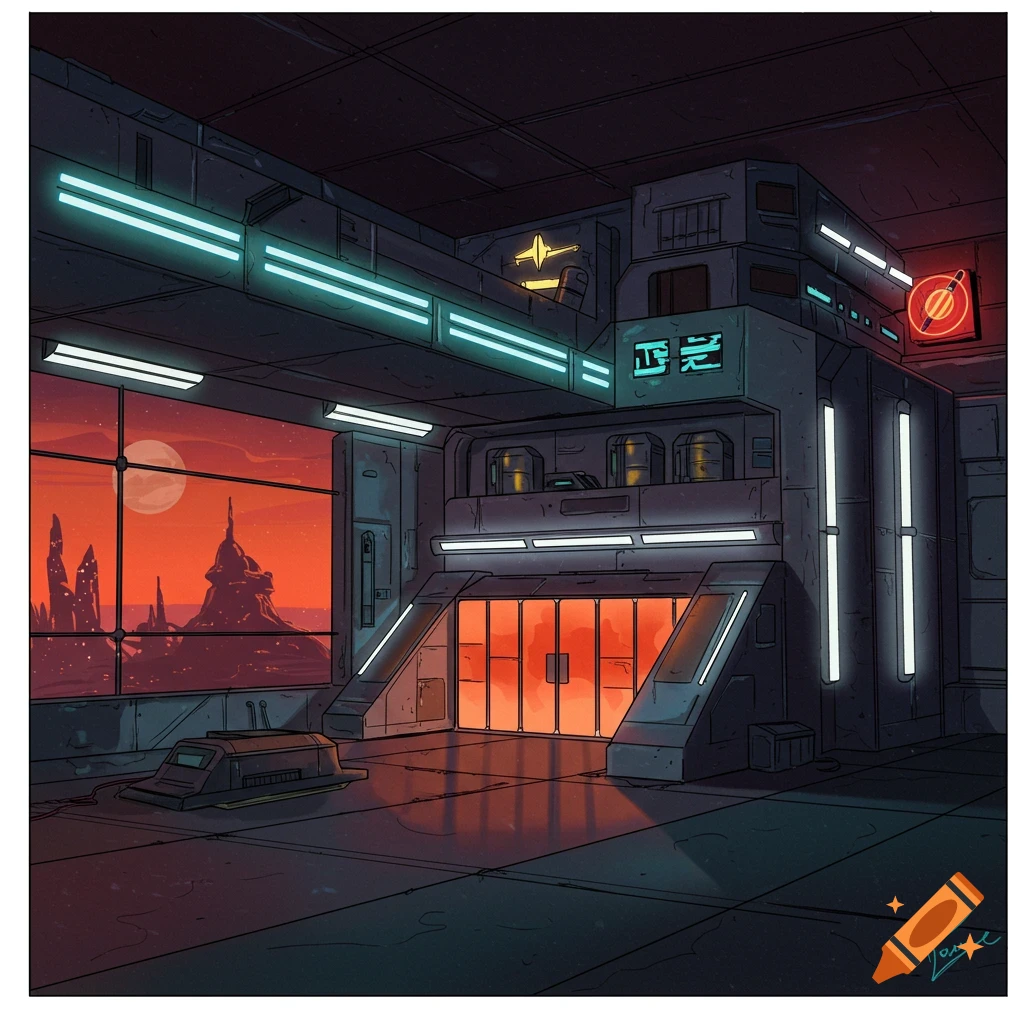 Retro sci-fi laboratory interior with large windows showing a sunset over alien landscape, glowing doors, and neon lights.