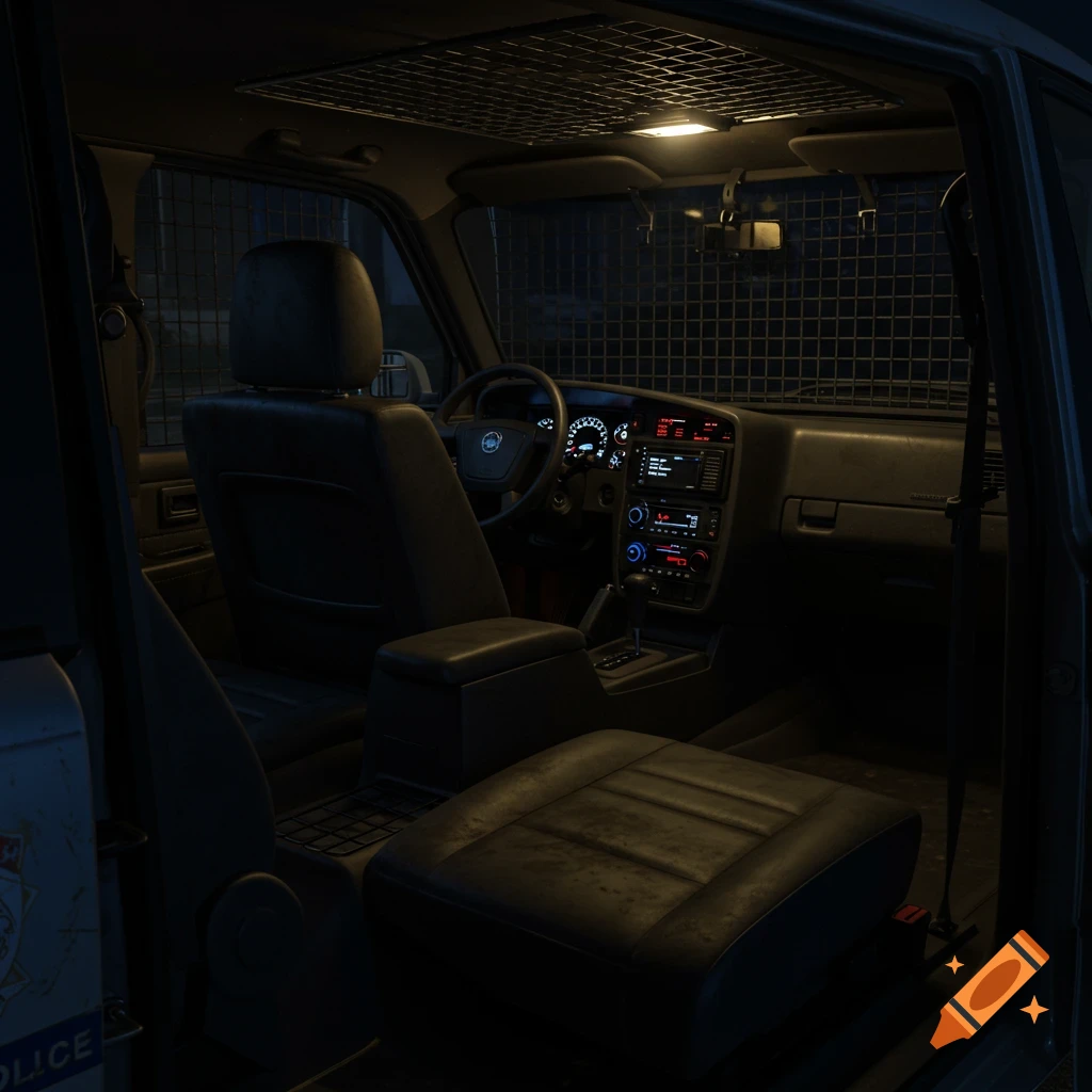 Interior view of a dark police car, showing the driver's seat, dashboard, and police equipment.
