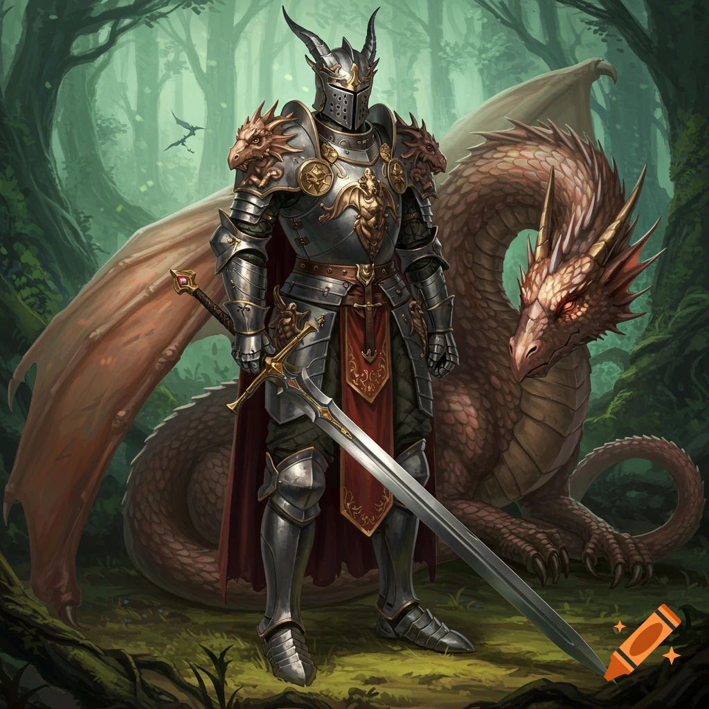 A fantasy painting of a knight standing with a dragon in a forest.
