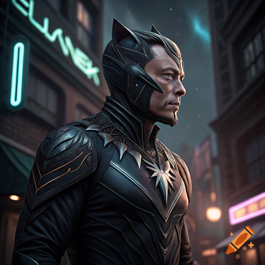 Man in black futuristic superhero suit with cat ears in a city at night.