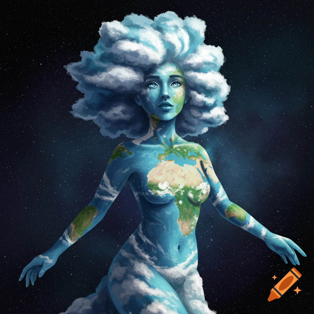 A female figure representing Earth, covered in landmasses and clouds, floating in space.