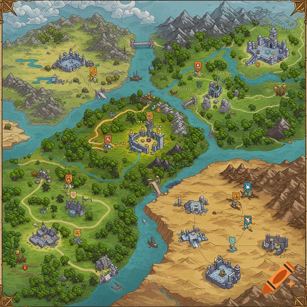 A detailed fantasy map showing rivers, mountains, castles, forests, and desert areas with strategic locations.