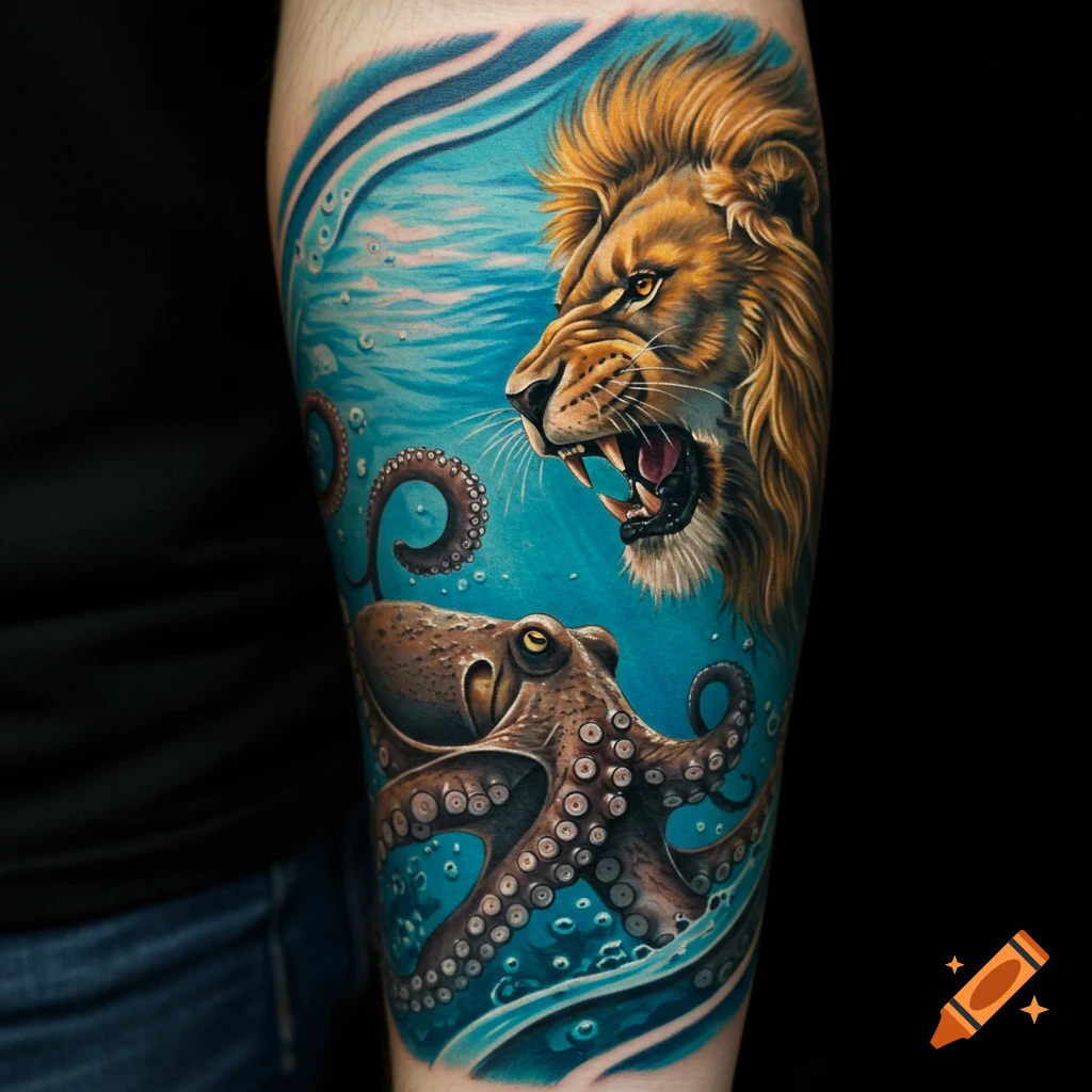 A forearm tattoo depicting a roaring lion confronting an octopus underwater.