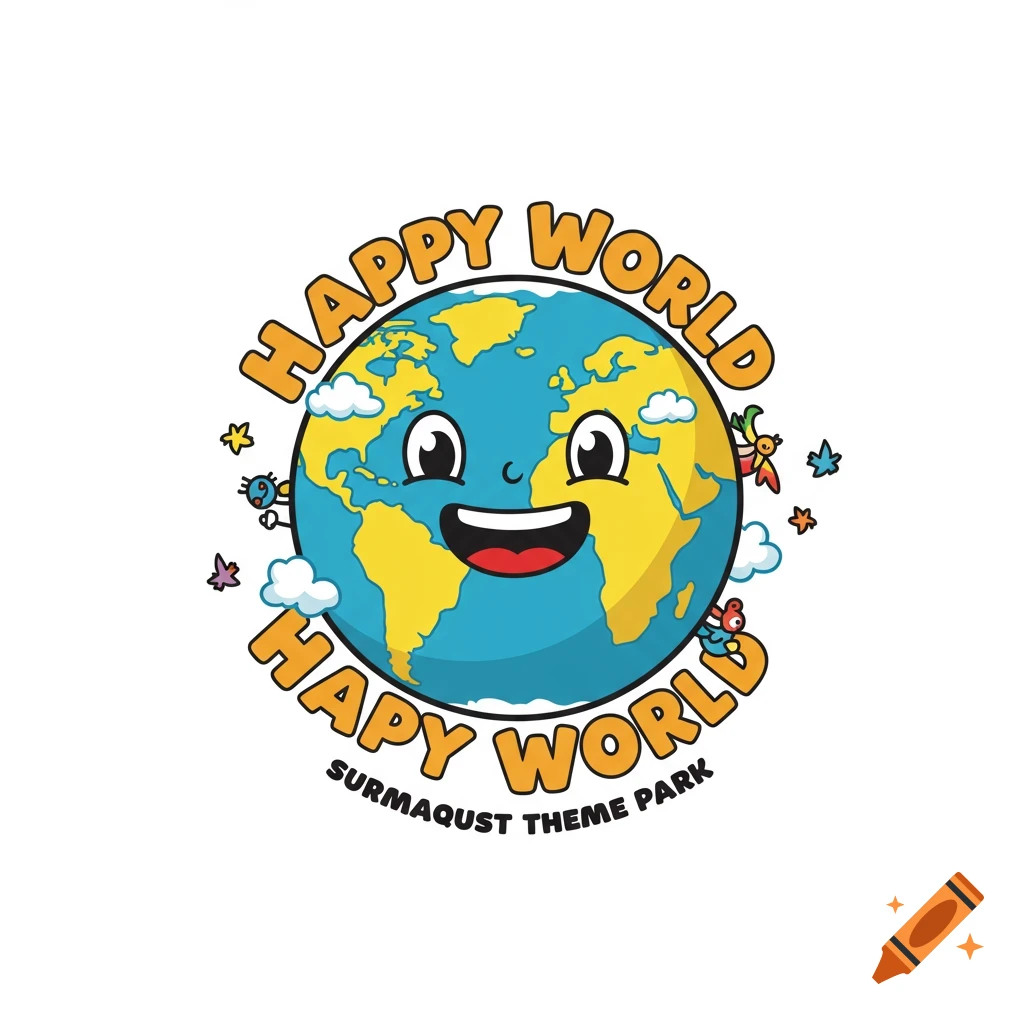 Cartoon logo of a smiling globe with text 'Happy World' and 'Hapy World Surmaqust Theme Park'.
